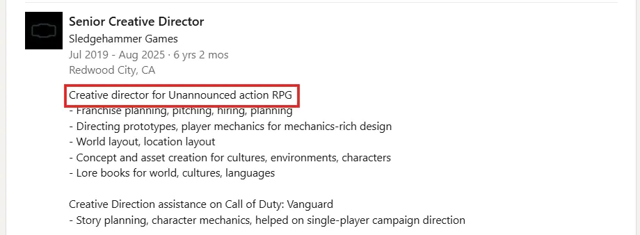 《使命召唤》开发商大锤正开发一款动作RPG游戏
